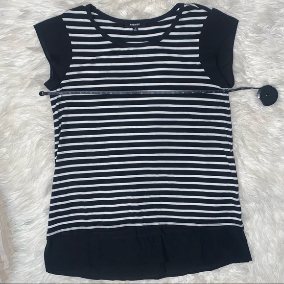 Premise | Striped Sheer Edge Longline Black & White Tee Shirt Blouse - Picture 10 of 11